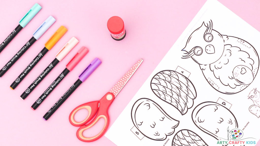 Image featuring coloring pens, scissors, glue and a printable owl coloring template.