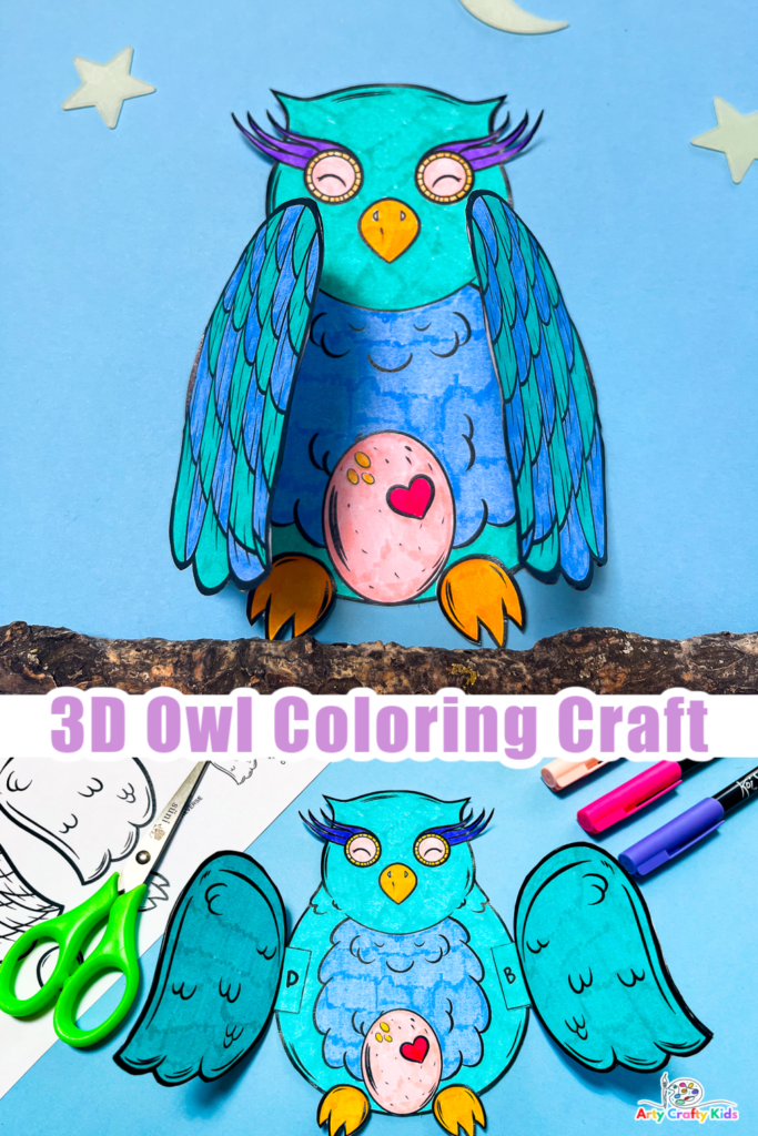 A completed image of the adorable 3D Printable Owl Craft and Owl Coloring Craft with wings open and closed, revealing a sweet little egg.