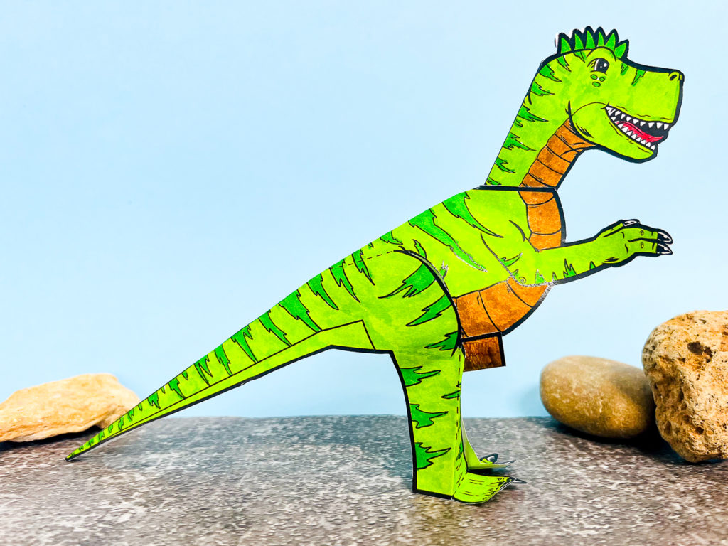 Brightly colored completed 3D Tyrannosaurus Rex Paper Dinosaur Craft.