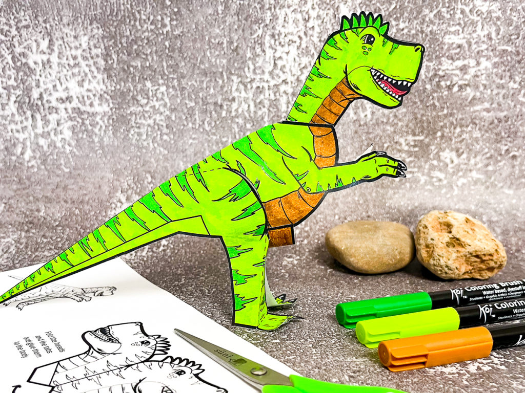 Brightly colored completed 3D Tyrannosaurus Rex Paper Dinosaur Craft.