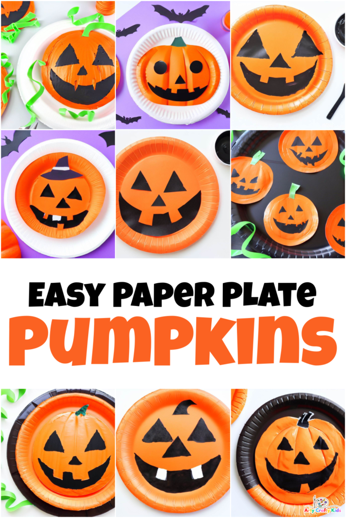 A collection of completed Paper Plate pumpkin crafts made by preschoolers. All the pumpkin express funny jack-o-lantern expressions.