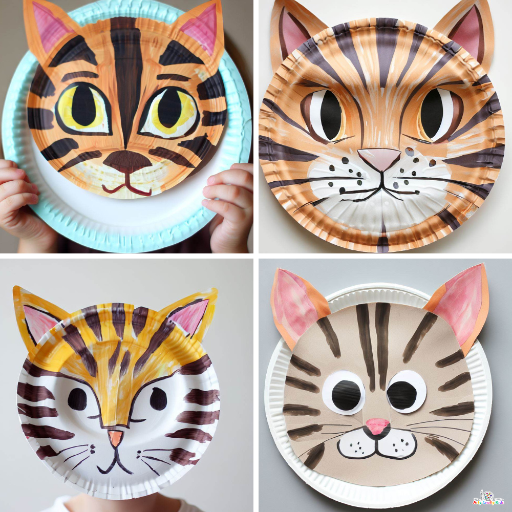 Four different tiger and tabby paper plate cat crafts.