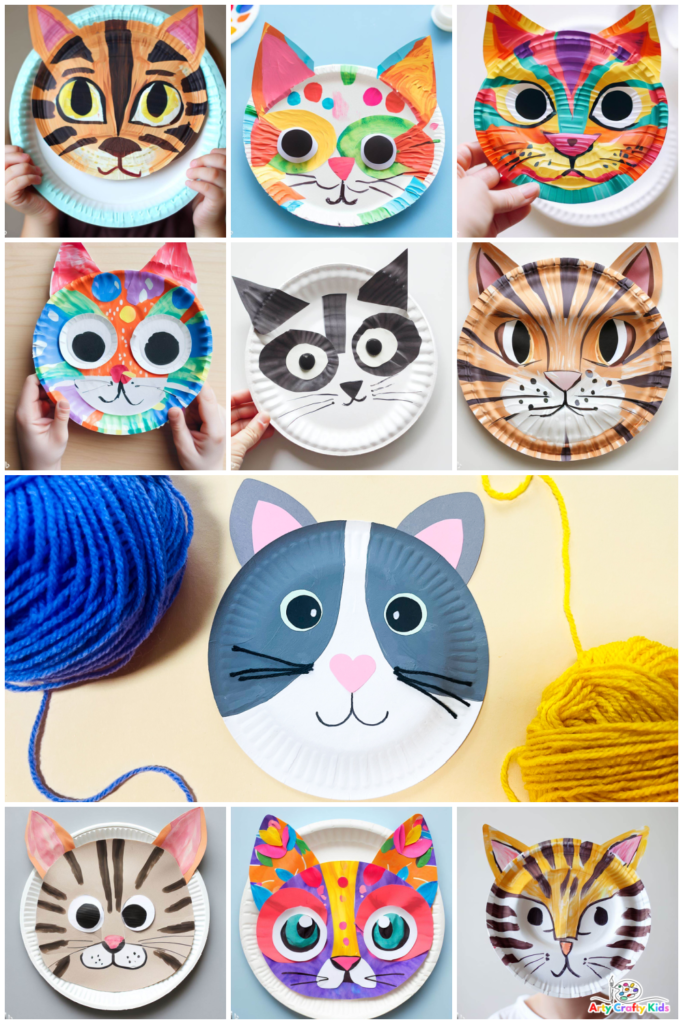 Completed from our How to Make a Paper Plate Cat Craft - this image shows a lots of different paper plate cats including tabby cats, black cats, rainbow cats and more!