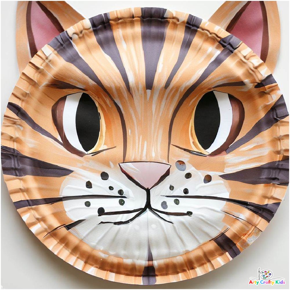 A large paper plate cat craft painted as a ginger tabby tabby cat.