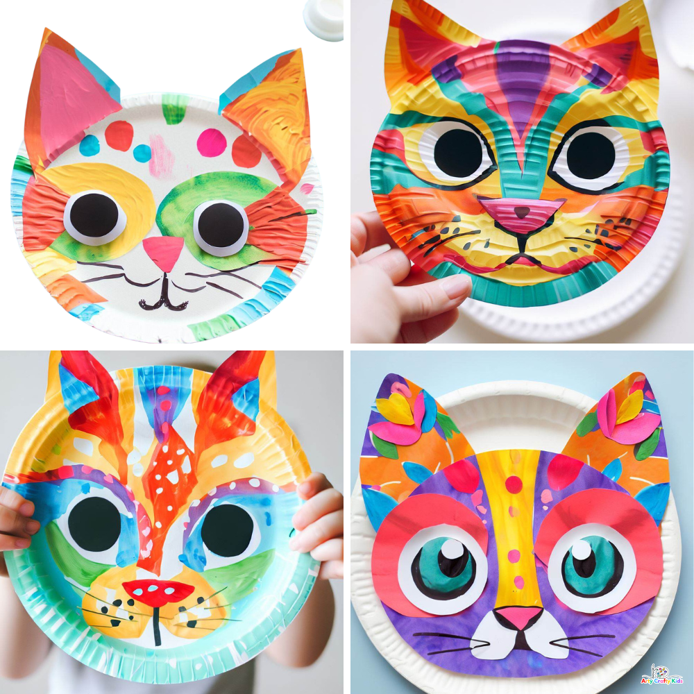 A collection of rainbow painted paper plate cats with different features and patterns.
