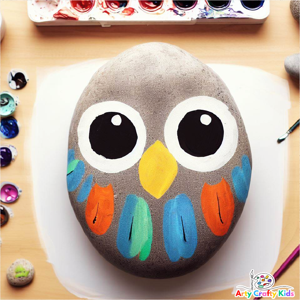 Owl Painted Rock with two big eyes, a yellow beak and simple paint strokes for feathers.