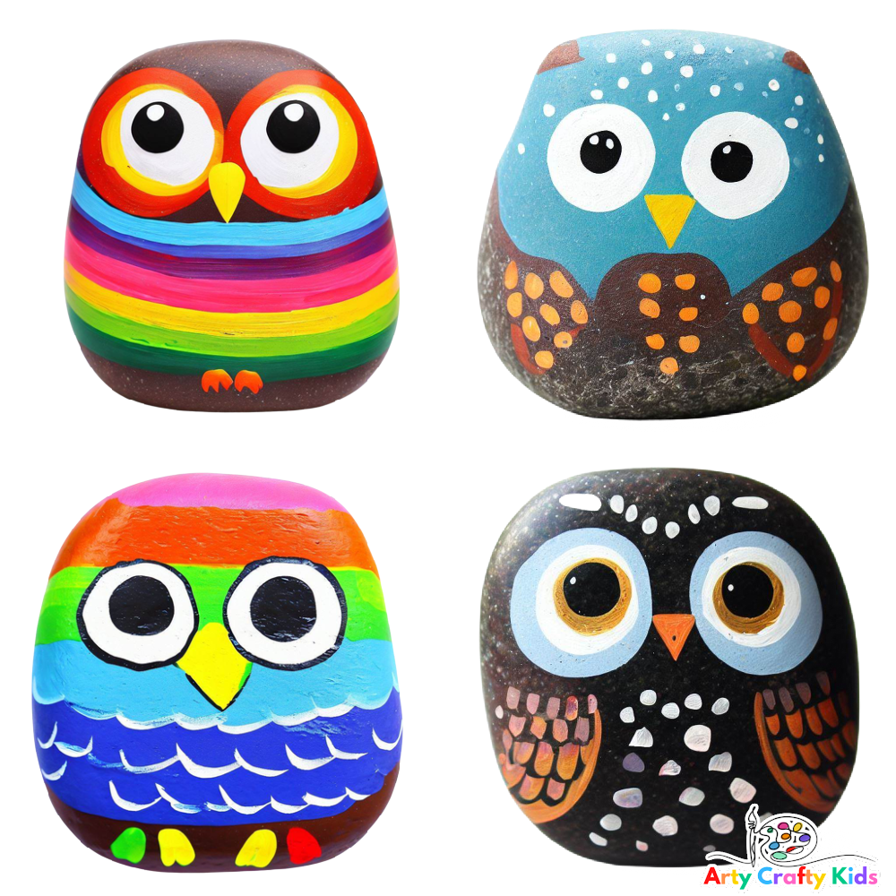 Rock painted owl art with multiple owl designs.