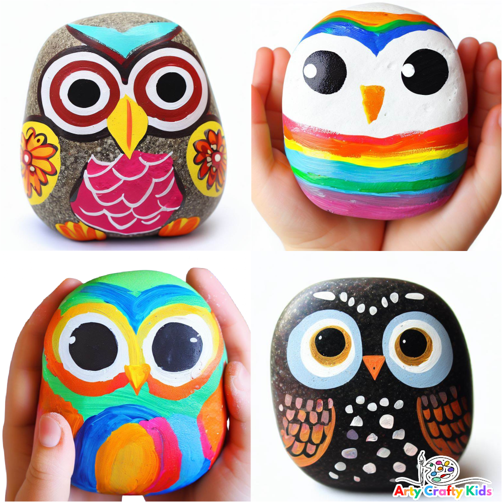 A collection of rock painted owls in various colors and designs from stripes in rainbow colors to an owl with flowers decorated on the wings.
