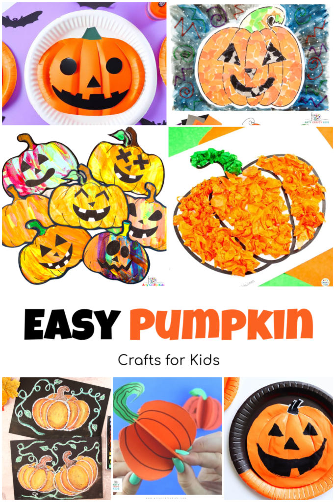 A collection of preschool pumpkin crafts including a paper plate pumpkin, jack-o-lantern scrape painting art, tissue paper pumpkin, a 3D pumping and a collage pumpkin.