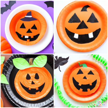 A collection of completed Paper Plate pumpkin crafts made by preschoolers. All the pumpkin express funny jack-o-lantern expressions.