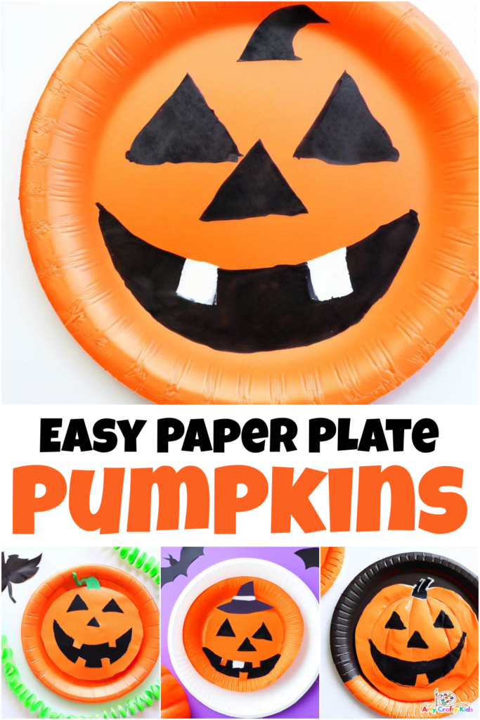 A collection of completed Paper Plate pumpkin crafts made by preschoolers. All the pumpkin express funny jack-o-lantern expressions.