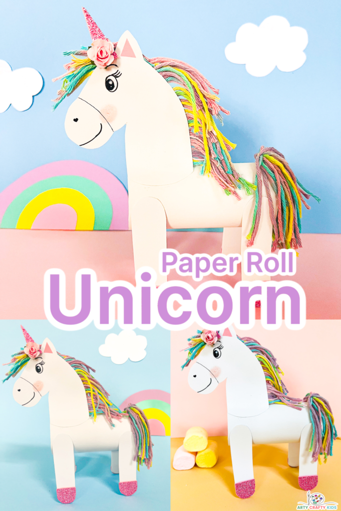 A vibrantly colored paper roll unicorn craft completed from our step-by-step guide. The unicorn showcases a brightly colored rainbow mane and tail.