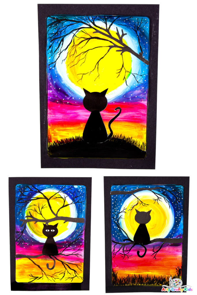 Image: Halloween Black Cat Silhouette Art | Easy Painting Idea - A moonlit night with a black cat silhouette painting against a twilight sky, a perfect Halloween-themed art project for kids and beginners.