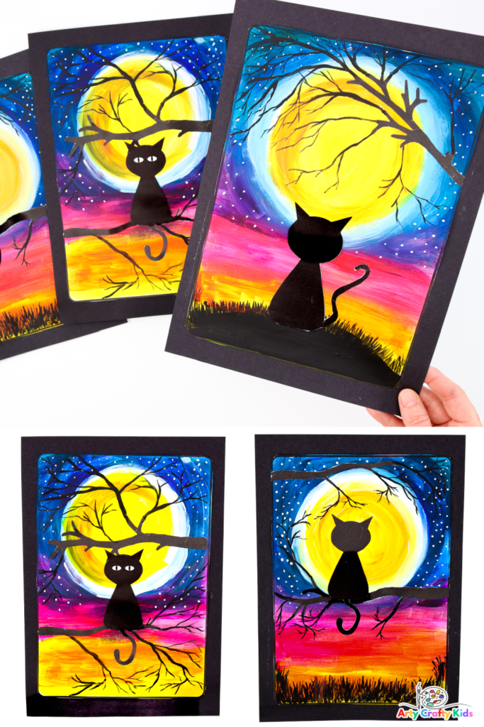 Image: Halloween Black Cat Silhouette Art | Easy Painting Idea - A moonlit night with a black cat silhouette painting against a twilight sky, a perfect Halloween-themed art project for kids and beginners.