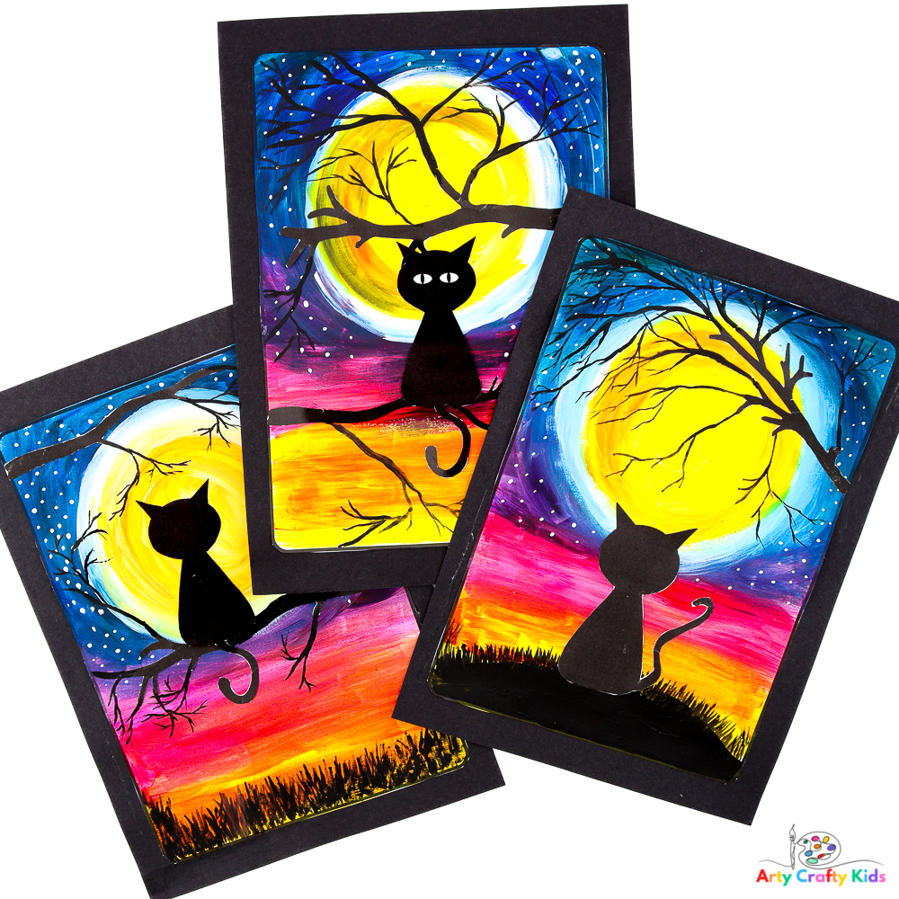 Image: Halloween Black Cat Silhouette Art | Easy Painting Idea - A moonlit night with a black cat silhouette painting against a twilight sky, a perfect Halloween-themed art project for kids and beginners.