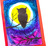 Completed Owl Silhouette Painting - An Easy Painting Idea for Kids, featuring an owl sitting on a branch against a moonlit, twilight sky.