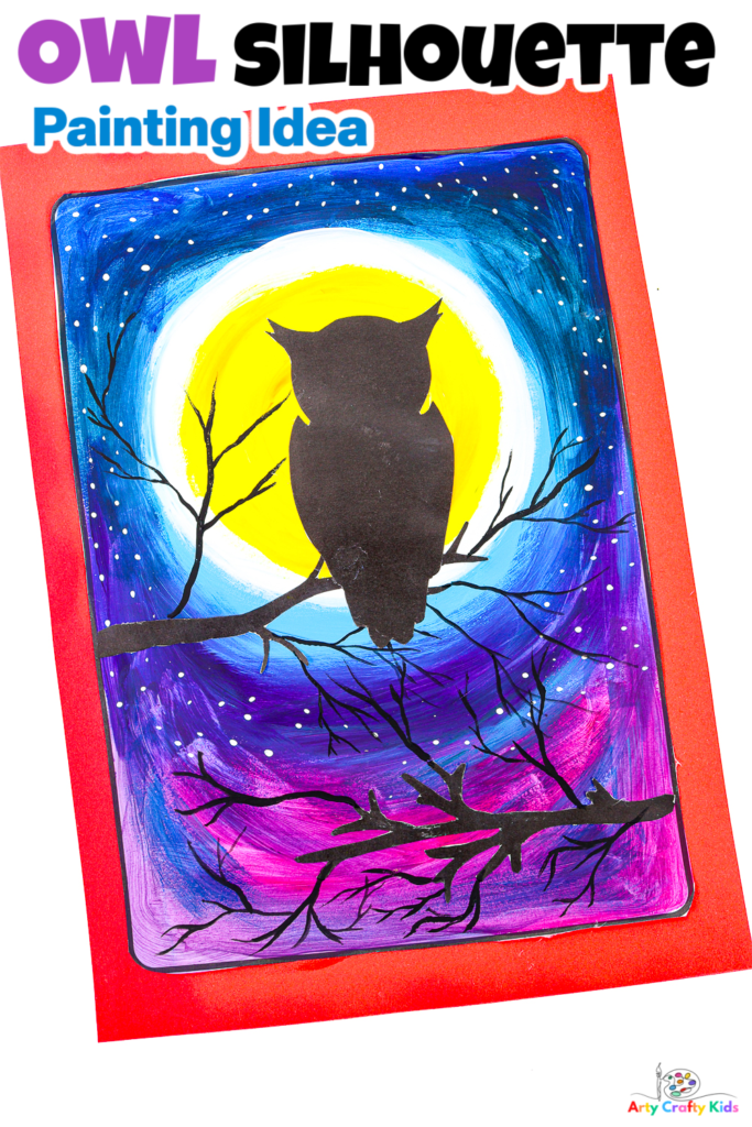 Completed Owl Silhouette Painting - An Easy Painting Idea for Kids, featuring an owl sitting on a branch against a moonlit, twilight sky.