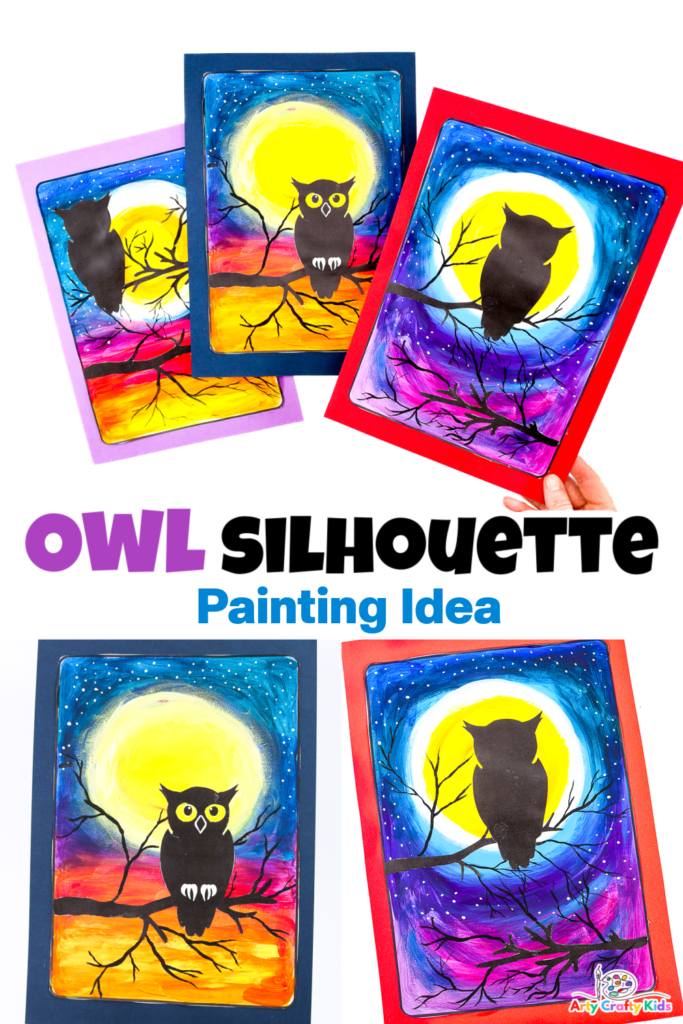 Completed Owl Silhouette Painting - An Easy Painting Idea for Kids, featuring an owl sitting on a branch against a moonlit, twilight sky.