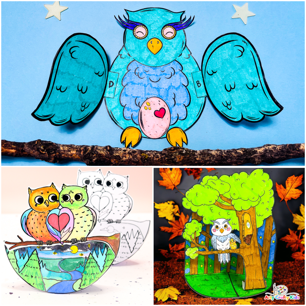 Collection of 3 Owl coloring crafts for kids to make.