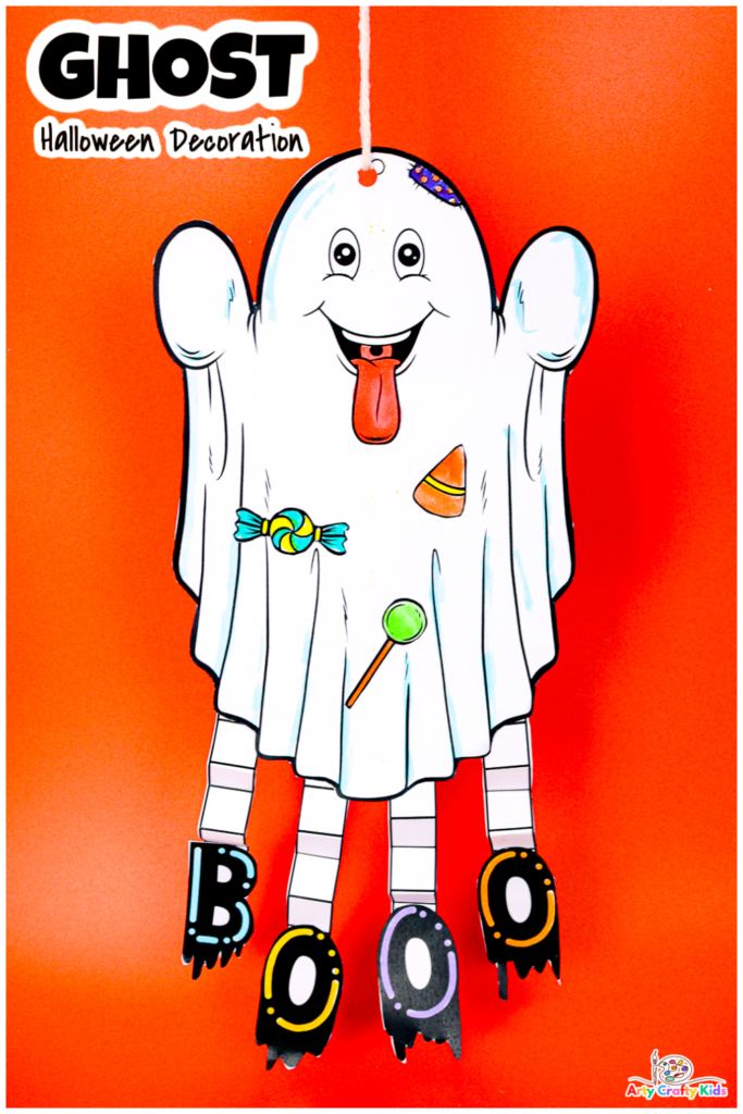 Completed Paper Ghost Halloween Decoration craft for kids.
