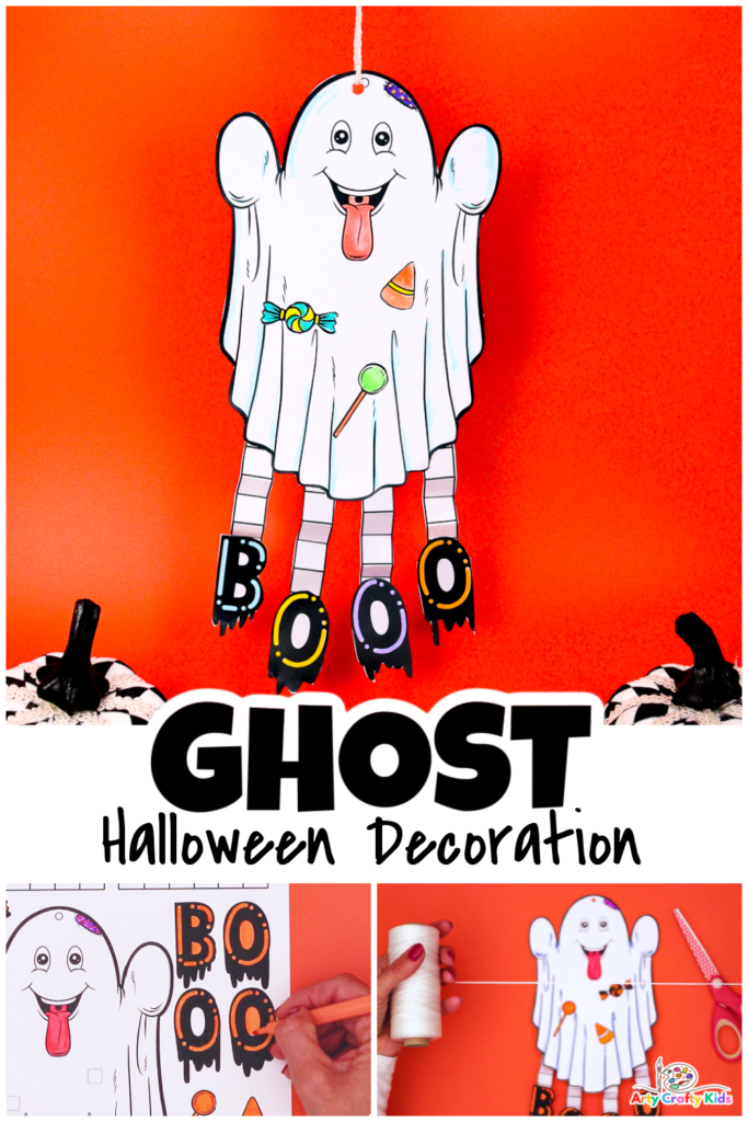 Completed Paper Ghost Halloween Decoration craft for kids.