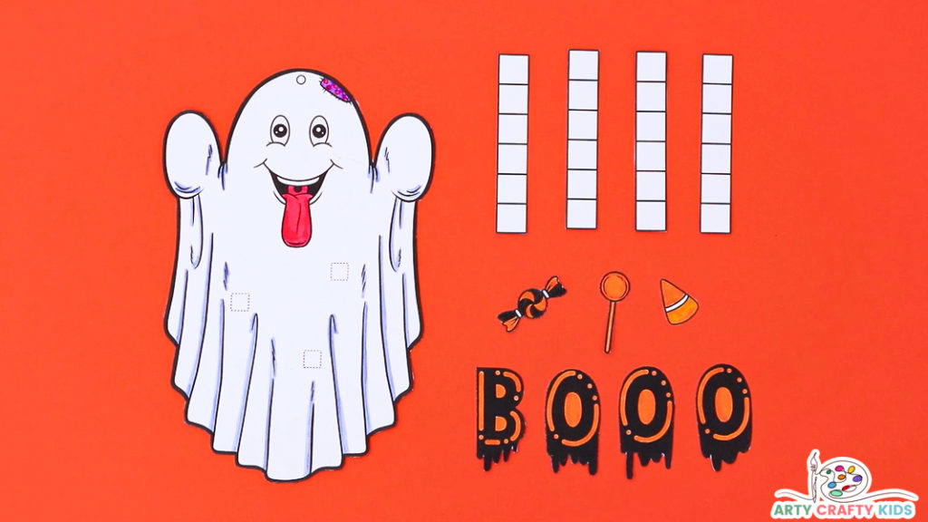 Image featuring all the cut out pieces to make the paper ghost halloween decoration.