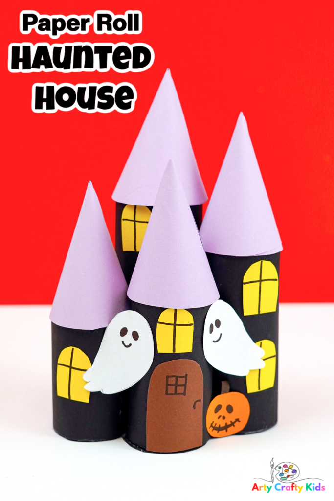 A completed Paper Roll Halloween Haunted House Craft for Kids to make.
