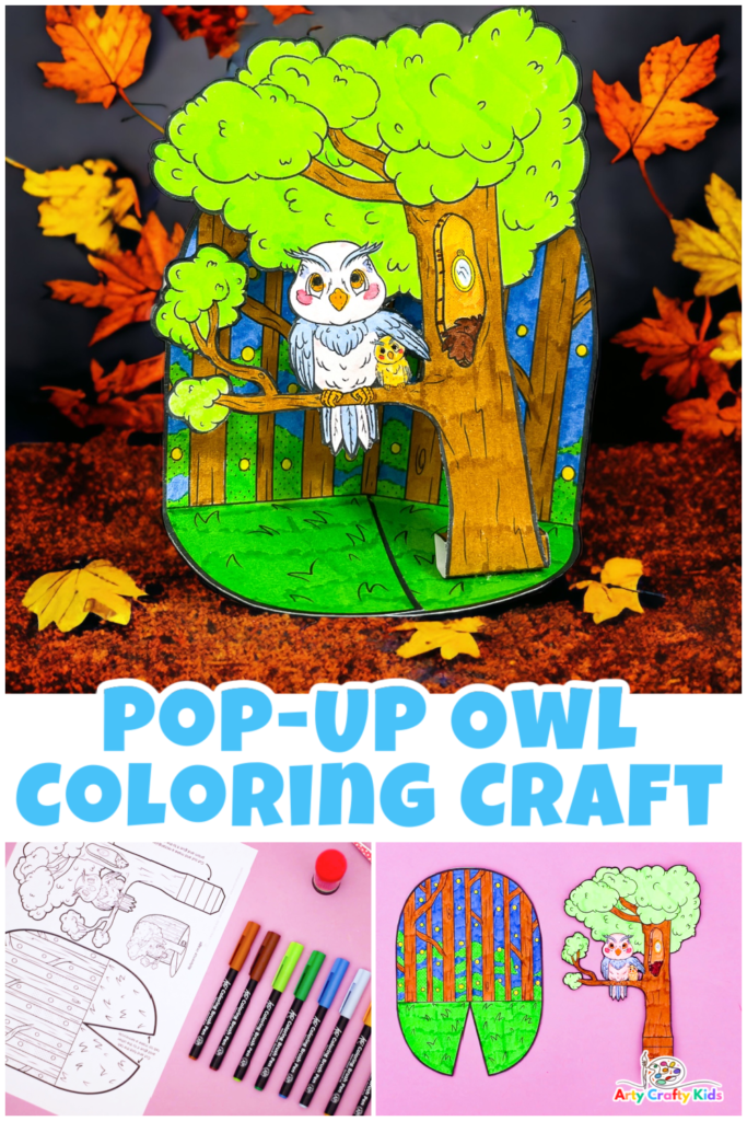 Completed woodland inspired Pop-Up Owl Coloring Craft, resting amongst a collection of Autumn leaves.