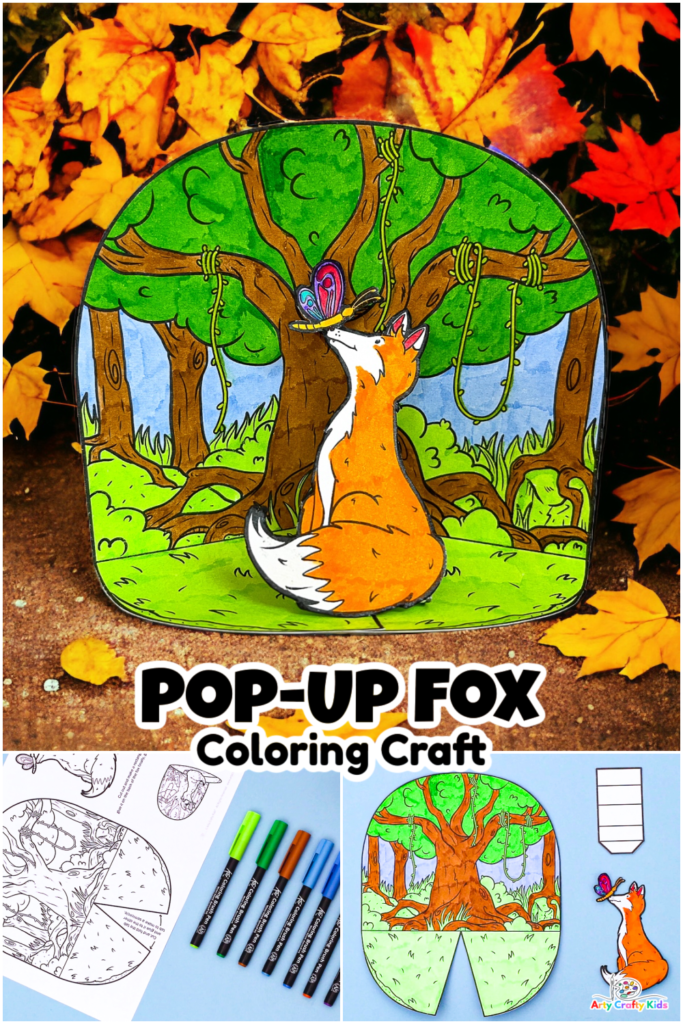 Completed image of the Pop-Up Fox Coloring Craft. The fox sits within a colored in woodland area.