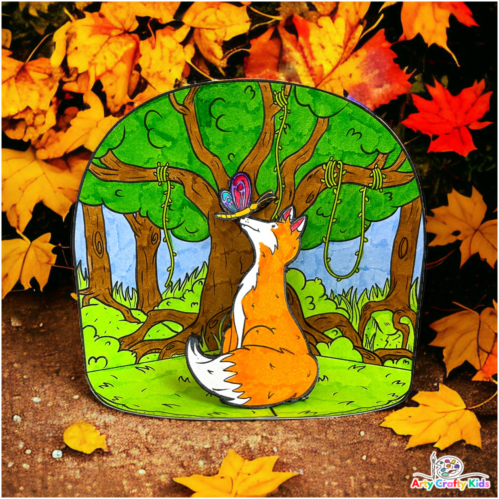 Completed image of the Pop-Up Fox Coloring Craft. The fox sits within a colored in woodland area.