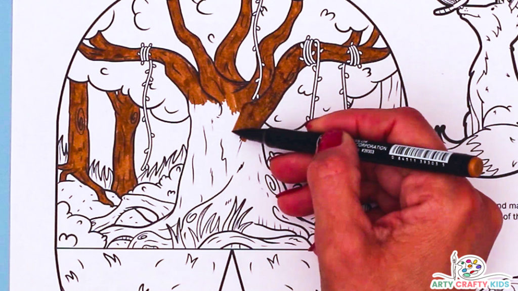Image featuring a hand coloring in the woodland area of the fox coloring page.