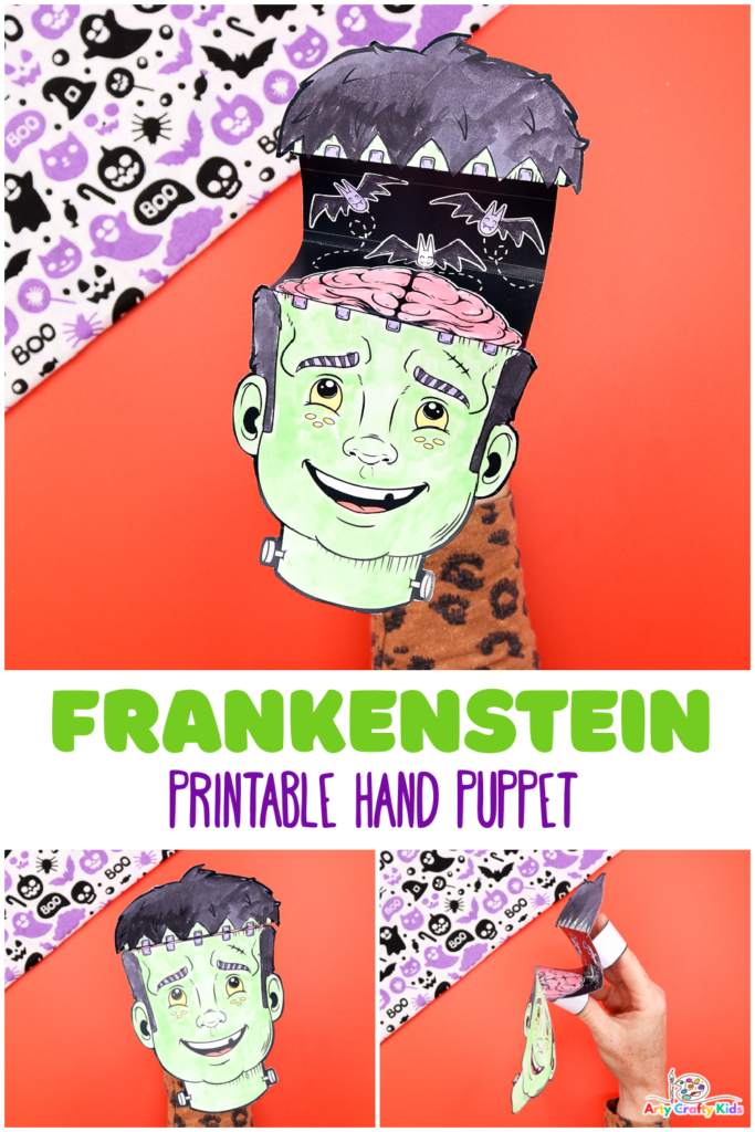 An image of a playful Frankenstein Paper Hand Puppet with a young Frankenstein face that opens to reveal a brain and mischievous bats, perfect for Halloween crafts and giggles. 🦇🧠