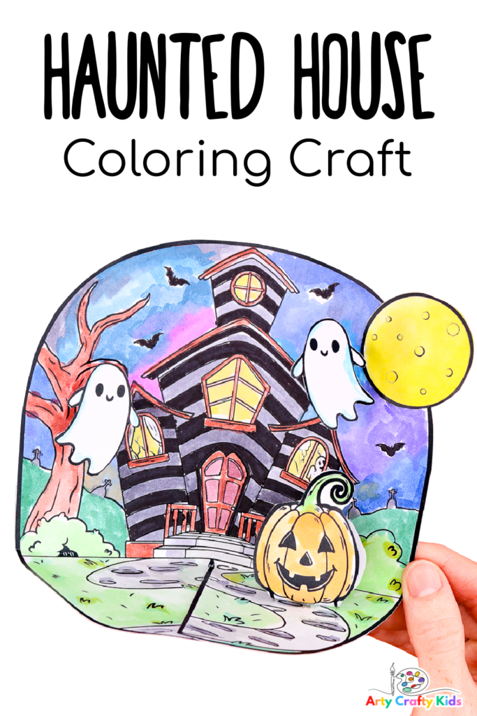 Enjoy a simple haunted house coloring page and craft with the kids this Halloween. Featuring a pop-up haunted castle and easy to make 3D ghosts and pumpkin. 