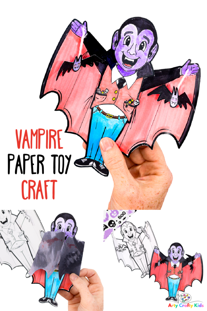 "Printable Vampire Craft" - An adorable paper toy of a vampire wearing sneakers, jeans, and a cape with a traditional collar. The cape can open and close for a dramatic entrance, making it a fun Halloween craft for kids of all ages.