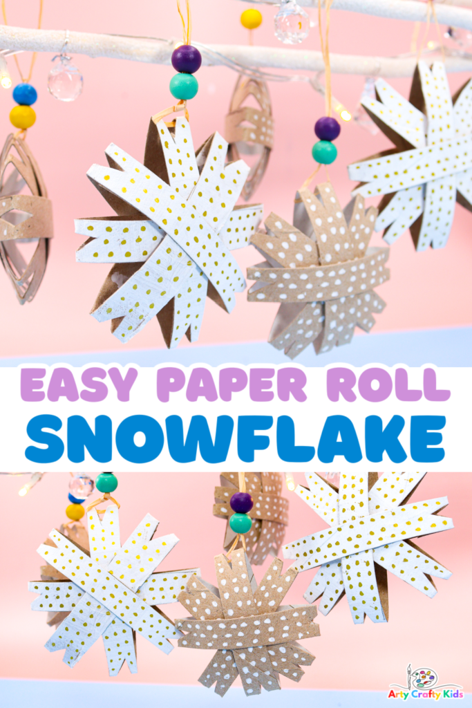 Image showing a collection of handmade Paper Roll Snowflake Ornaments. These adorable ornaments are crafted from paper rolls, decorated with colorful markers,  and simple rustic various patterns. A fun and easy DIY holiday project suitable for kids and adults alike. Perfect for festive decorations during Christmas