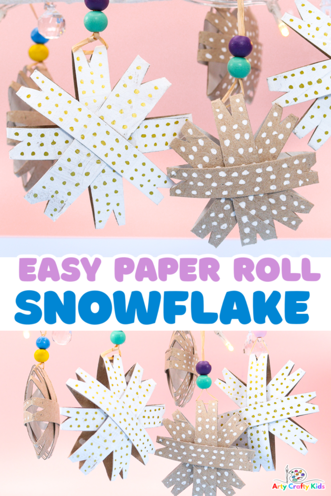 Image showing a collection of handmade Paper Roll Snowflake Ornaments. These adorable ornaments are crafted from paper rolls, decorated with colorful markers,  and simple rustic various patterns. A fun and easy DIY holiday project suitable for kids and adults alike. Perfect for festive decorations during Christmas