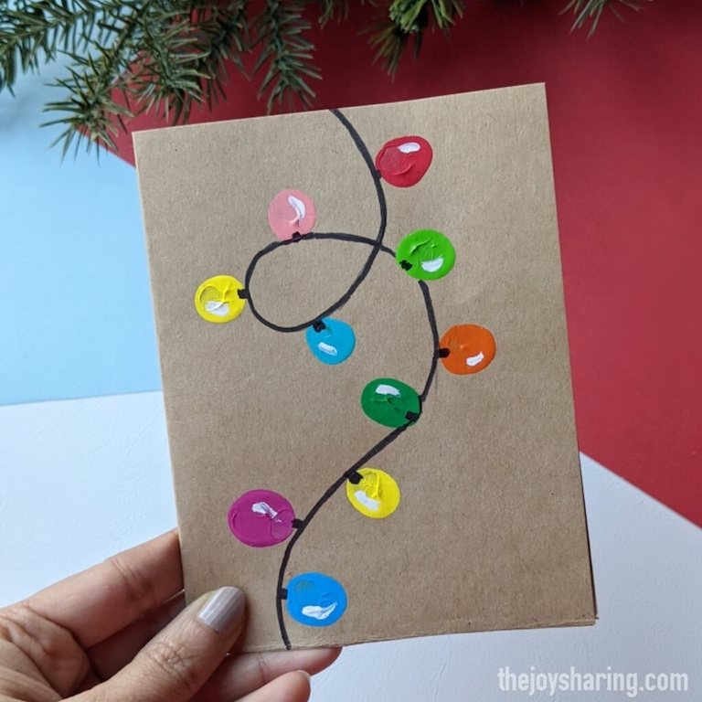 Fingerprint Christmas Lights card for Kids to Make - by the Joy of Sharing.