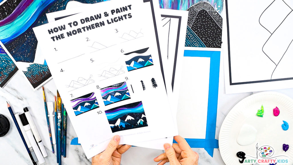 Image featuring the How to Paint the Northern Lights - An Easy Art Idea for Kids - step-by-step tutorial printable and templates.