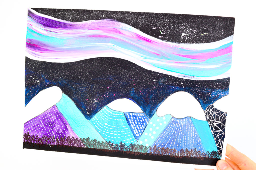 Completed painting of the Northern Lights from the Tutorial: How to Paint the Northern Lights - an Easy Art Idea for kids