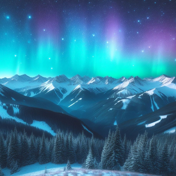 Graphic of the northern lights above a sky-line of mountain and trees.