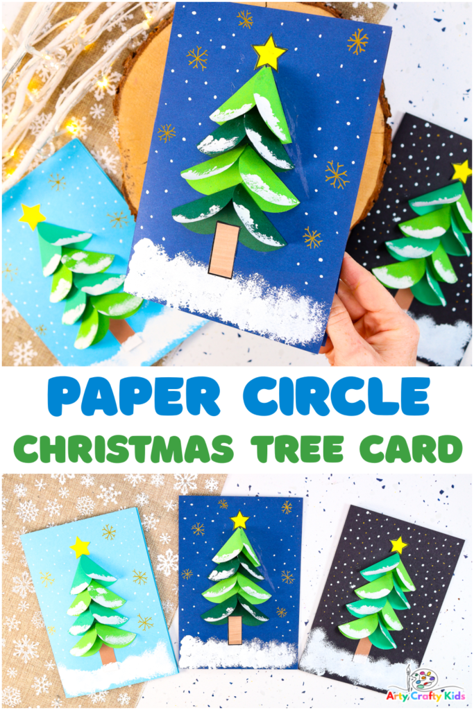 Handmade Paper Circle Christmas Tree Card with vibrant colored circles arranged in a tree shape on a card, showcasing a fun and creative holiday craft activity for kids