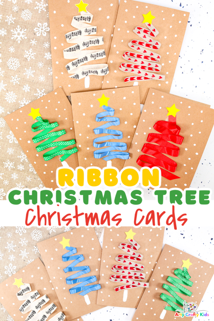 Image showing a collection of completed Ribbon Christmas Tree cards. The homemade Christmas cards present ribbon trees into different colors, all surrounded by snow and completed with a star.