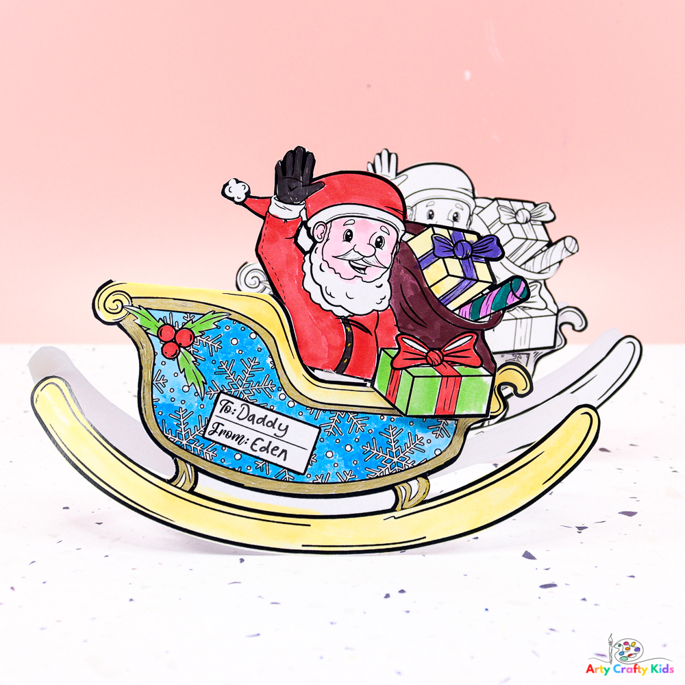 Rocking Santa on his Sleigh Printable Christmas Coloring Card for Kids