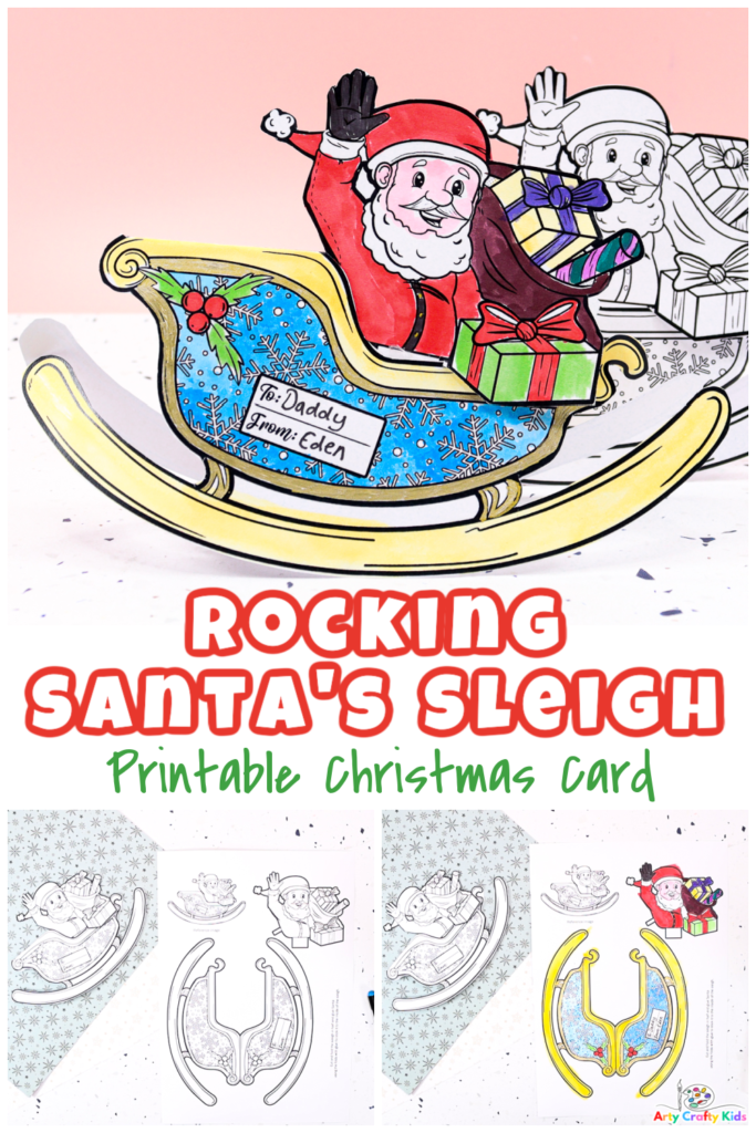 Colorful Printable Santa's Sleigh Christmas Card with rocking feature, a fun and interactive DIY project for the holidays.