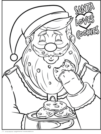 Santa Coloring Page featuring Santa eating his cookies.