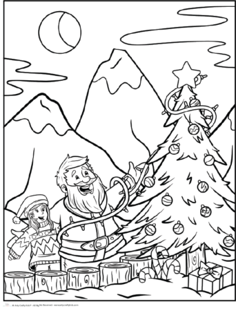 Santa Coloring Page featuring Santa decorating the North Pole Christmas tree.