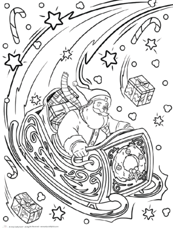 Santa Coloring Page featuring Santa riding his sleigh,