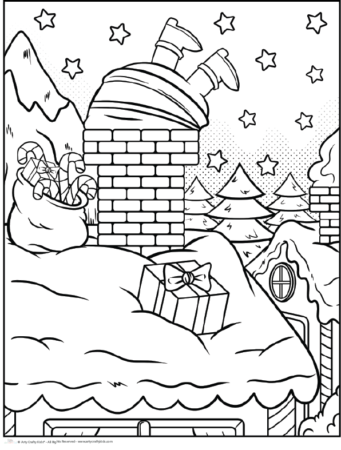 Santa Coloring Page featuring Santa stuck in the chimney.