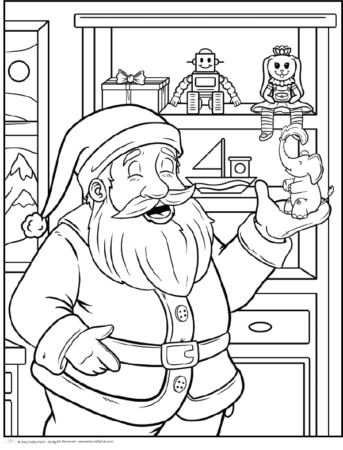 Santa Coloring Page featuring Santa inspecting toys in his workshop.
