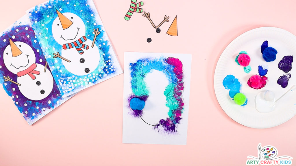 Image of a snowman template with a mix of green, blue, purple and pink paint surrounding it.